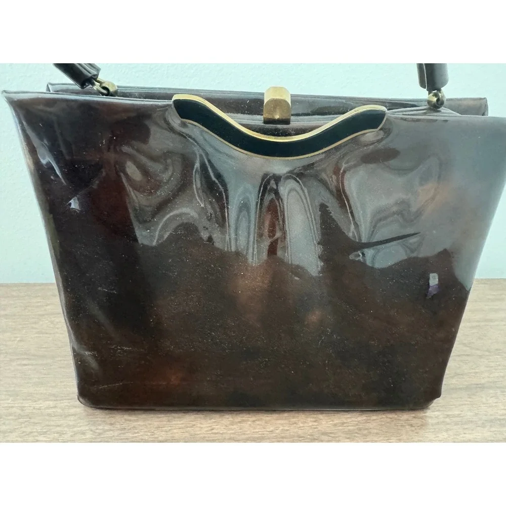 Vintage Lewis Tortoise Shell Patent Leather Handbag 1950s 60s Top Handle Bag